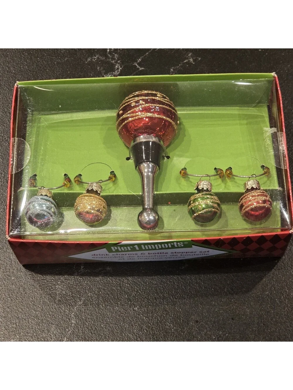 Pier 1 Imports Christmas Drink Charms & Bottle Stopper Set Glass Ornament Design
